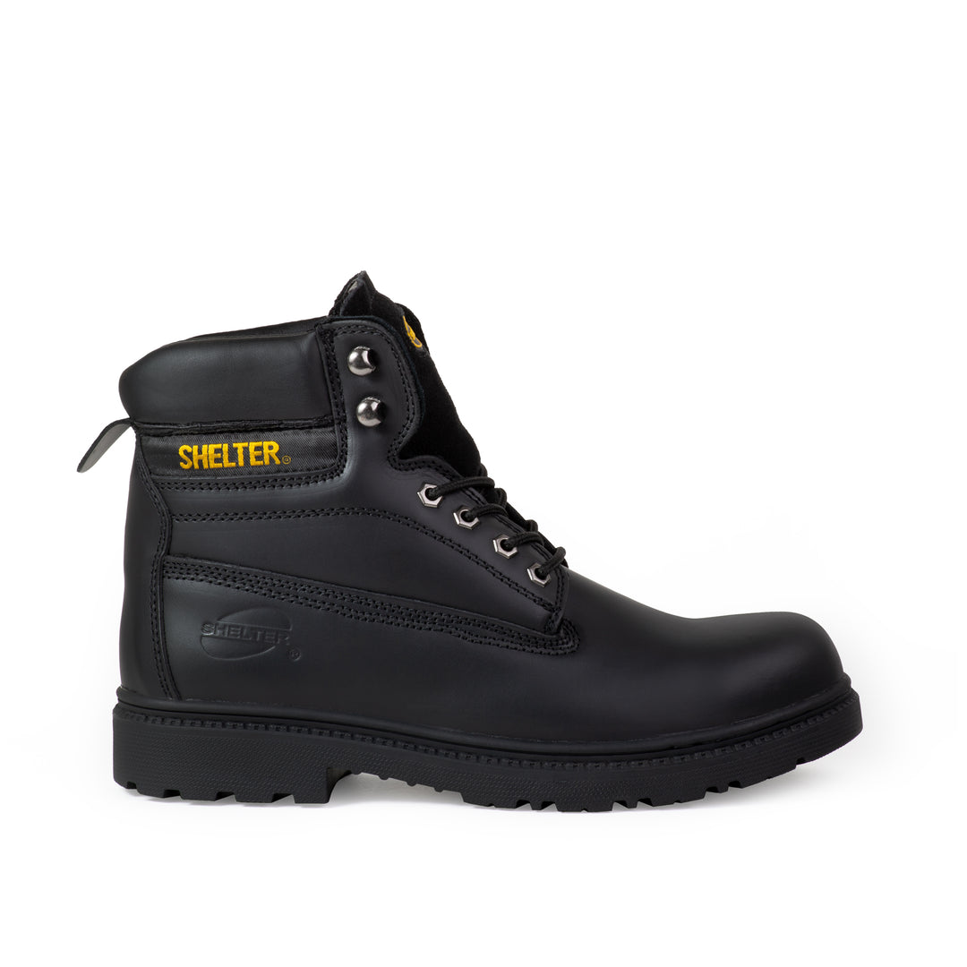 Shelter SH594 Safety Shoes with Steel Toe Cap and Steel Plate, Full-Grain Leather, Slip-Resistant – Black