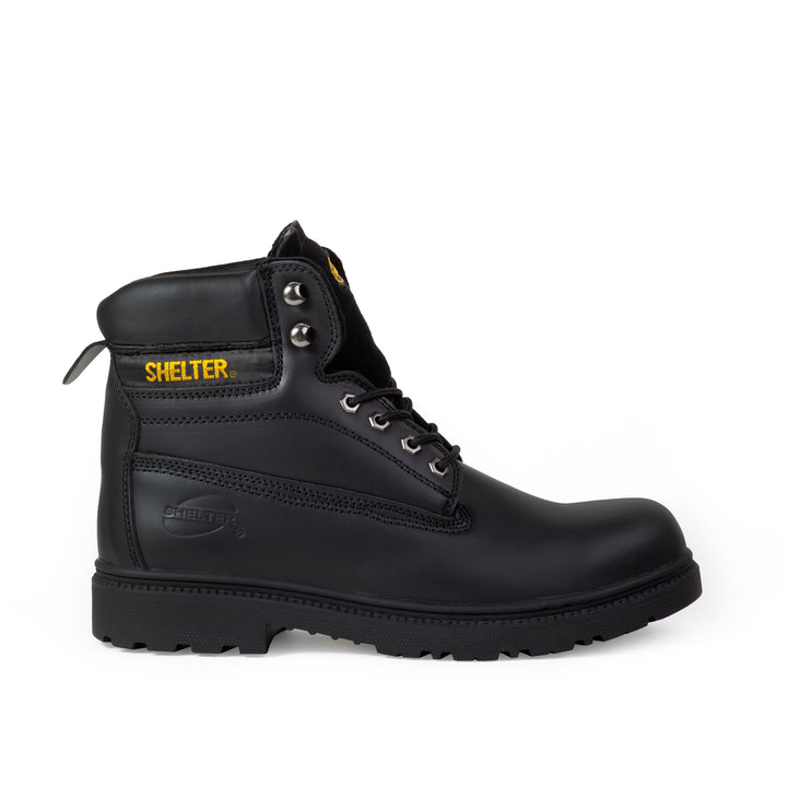 Shelter SH594 Safety Shoes with Steel Toe Cap and Steel Plate, Full-Grain Leather, Slip-Resistant – Black