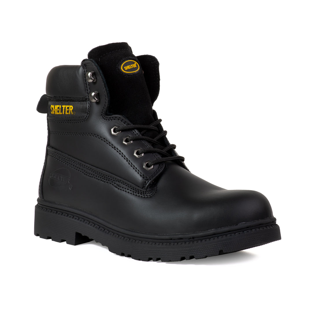 Shelter SH594 Safety Shoes with Steel Toe Cap and Steel Plate, Full-Grain Leather, Slip-Resistant – Black
