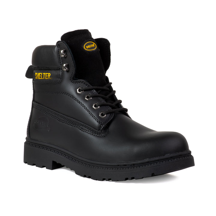 Shelter SH594 Safety Shoes with Steel Toe Cap and Steel Plate, Full-Grain Leather, Slip-Resistant – Black