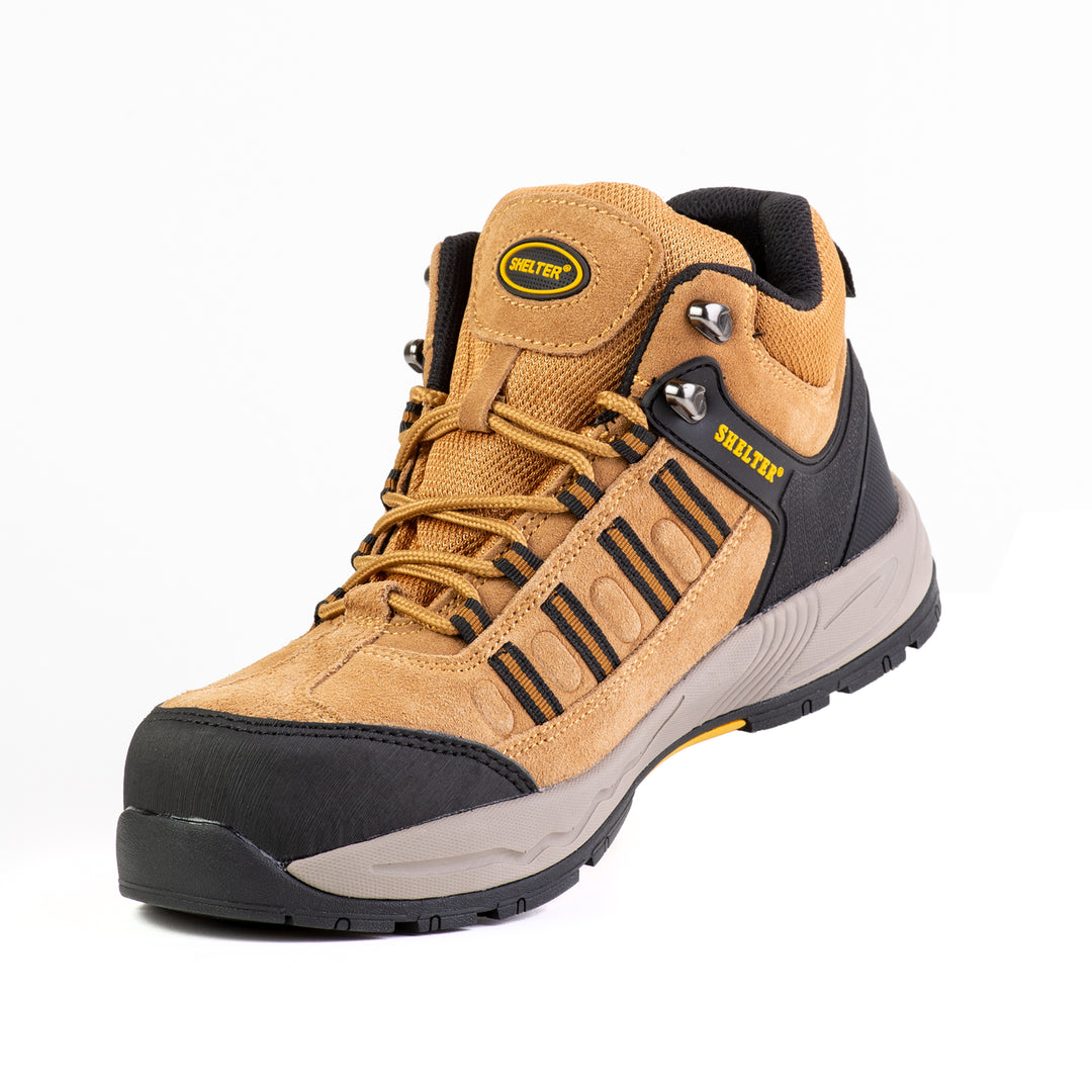 Shelter SH301 Industrial Safety Shoes for Men Durable Steel Toe Work Shoes with Cow Split Leather, Breathable Mesh Lining, and Slip-Resistant Sole