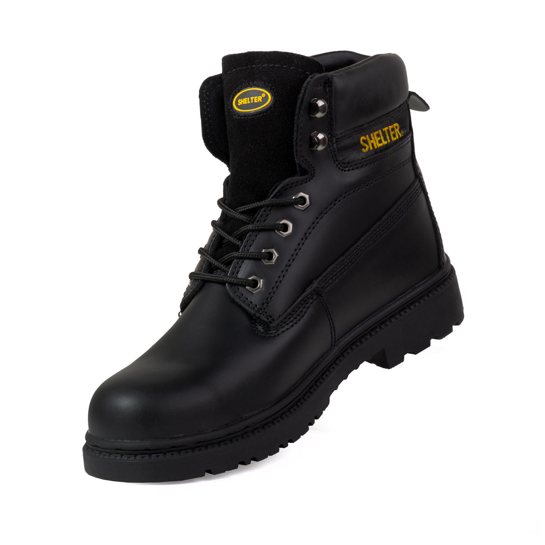 Shelter SH594 Safety Shoes with Steel Toe Cap and Steel Plate, Full-Grain Leather, Slip-Resistant – Black