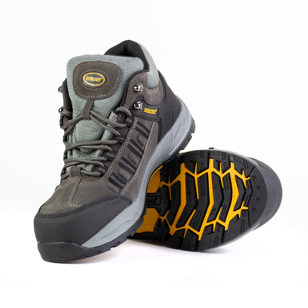 Shelter SH301 Industrial Safety Shoes for Men Durable Steel Toe Work Shoes with Cow Split Leather, Breathable Mesh Lining, and Slip-Resistant Sole