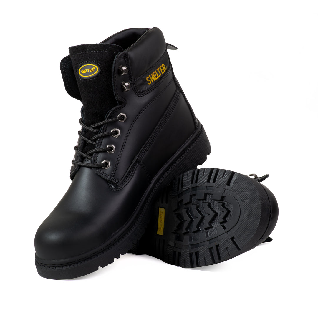 Shelter SH594 Safety Shoes with Steel Toe Cap and Steel Plate, Full-Grain Leather, Slip-Resistant – Black