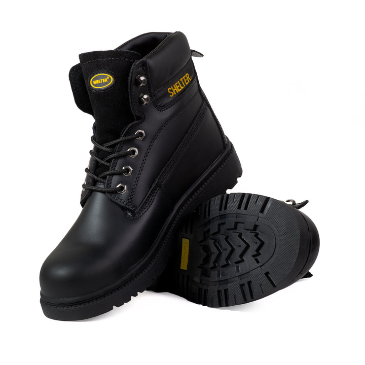 Shelter SH594 Safety Shoes with Steel Toe Cap and Steel Plate, Full-Grain Leather, Slip-Resistant – Black