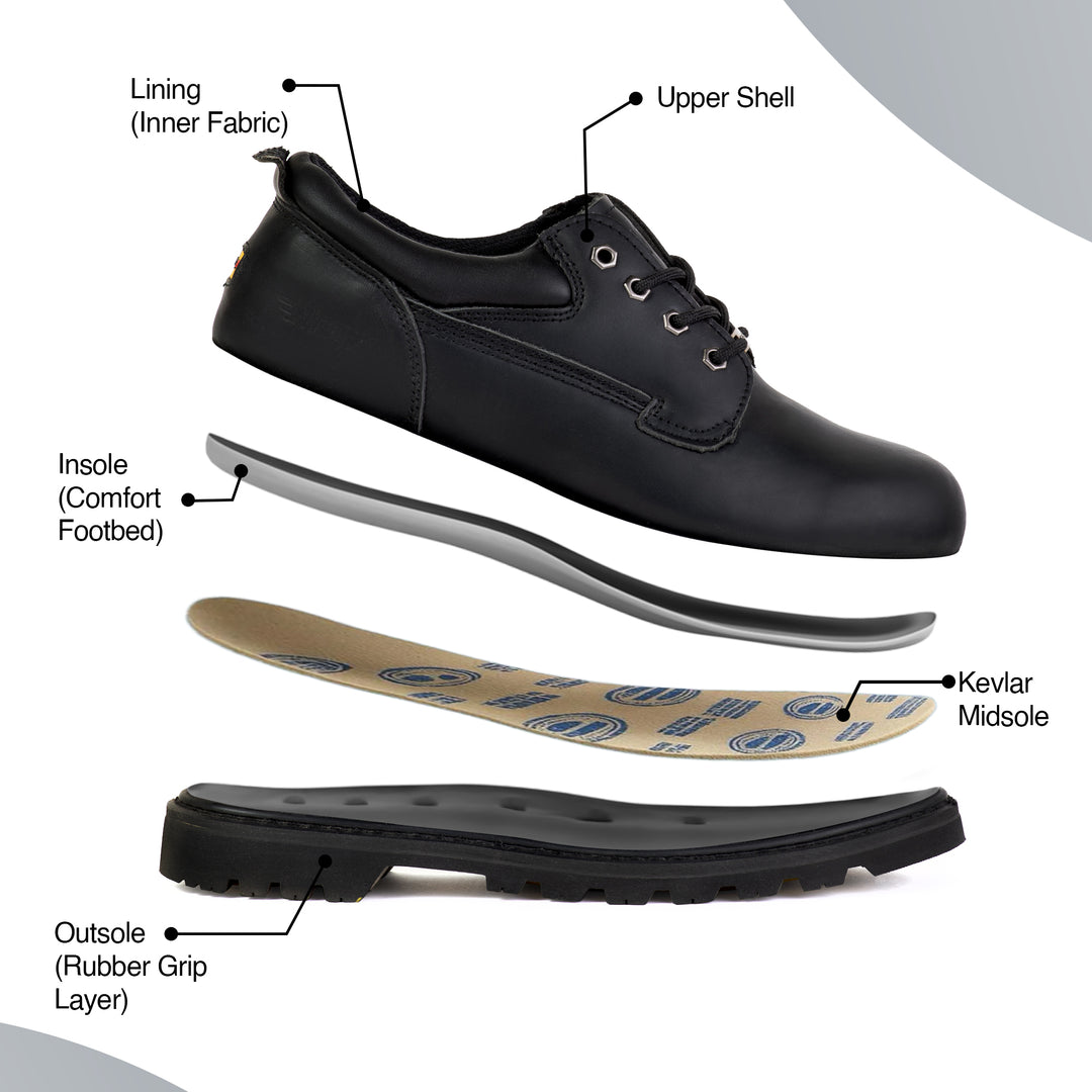 FIT Classic Safety Shoes for Men Lightweight Comfortable Office & Work Shoes with Microfiber Upper, Breathable Mesh Lining & Slip Resistant Sole - Black