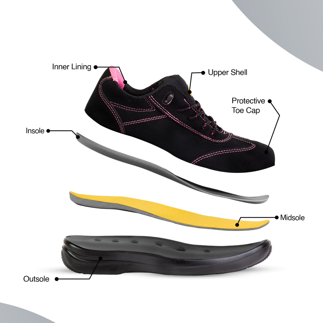 Shelter SH806L Women’s Industrial Safety Shoes, Steel Toe, Anti-Slip, Breathable - Black