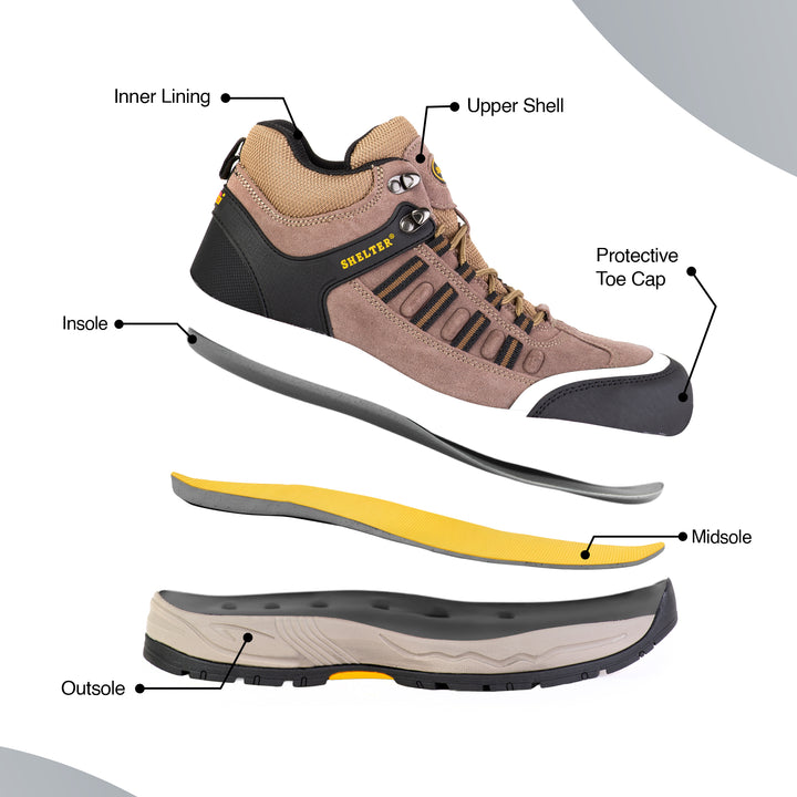 Shelter SH301 Industrial Safety Shoes for Men Durable Steel Toe Work Shoes with Cow Split Leather, Breathable Mesh Lining, and Slip-Resistant Sole