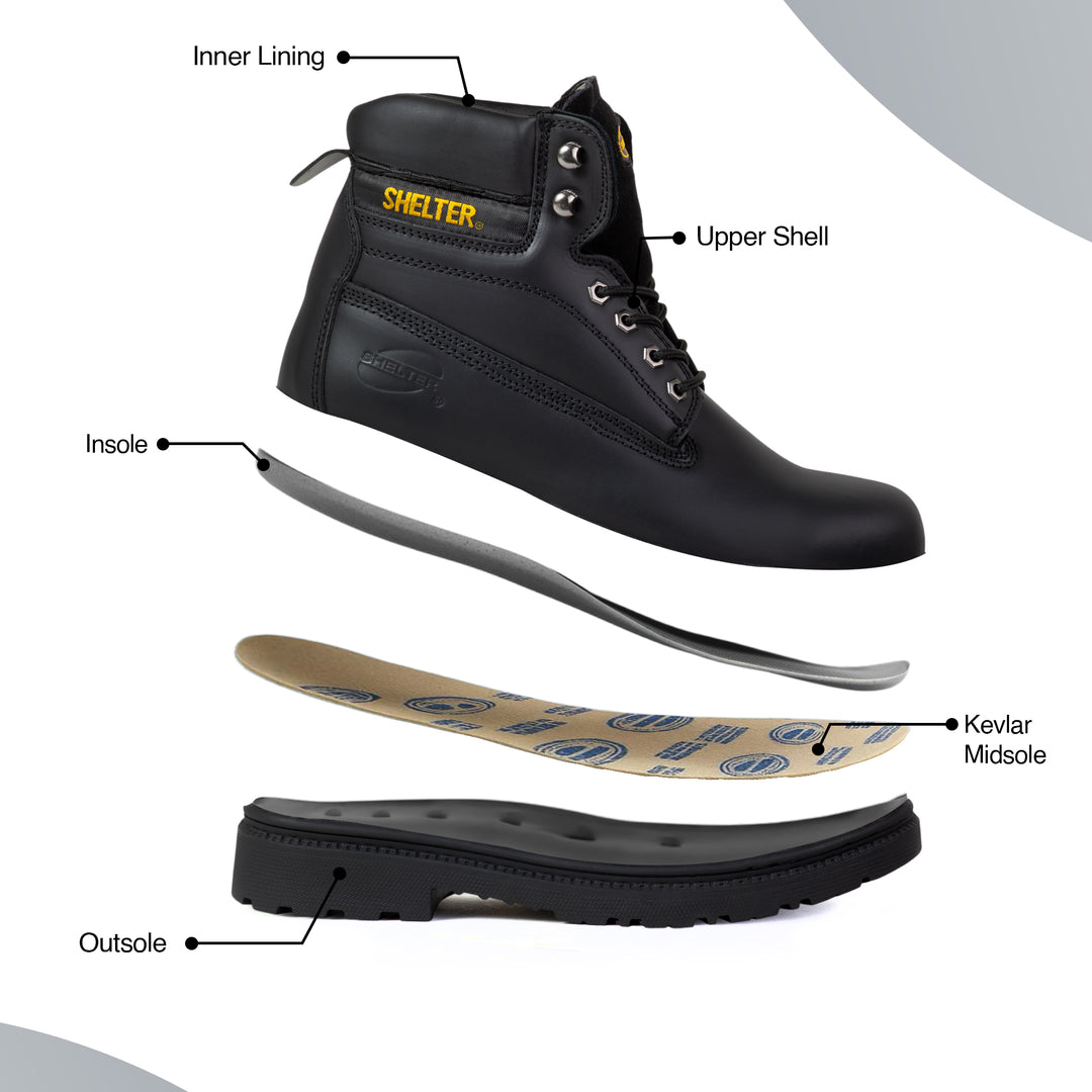 Shelter SH594 Safety Shoes with Steel Toe Cap and Steel Plate, Full-Grain Leather, Slip-Resistant – Black