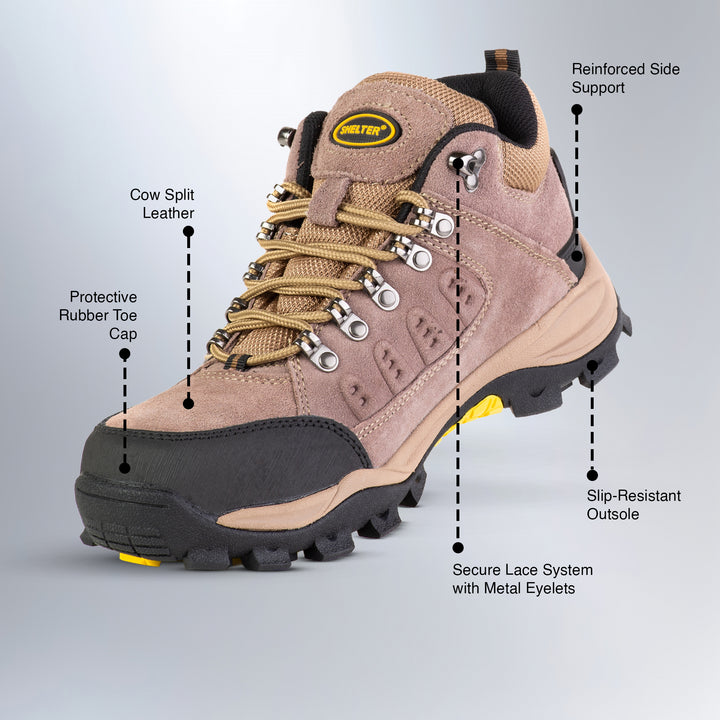 Shelter SH302 Industrial Safety Shoes for Men Durable Steel Toe Work Shoes with Cow Split Leather, Breathable Mesh Lining & Slip-Resistant Sole