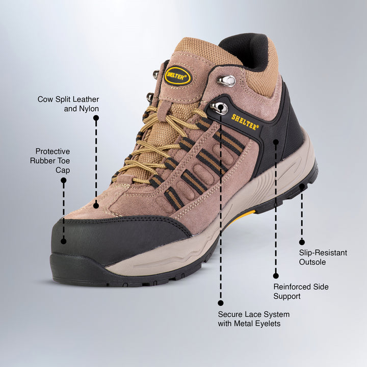 Shelter SH301 Industrial Safety Shoes for Men Durable Steel Toe Work Shoes with Cow Split Leather, Breathable Mesh Lining, and Slip-Resistant Sole