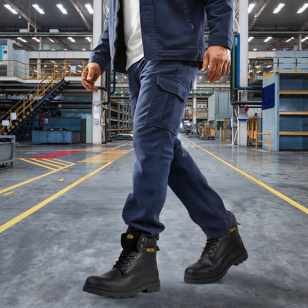 Shelter SH594 Safety Shoes with Steel Toe Cap and Steel Plate, Full-Grain Leather, Slip-Resistant – Black