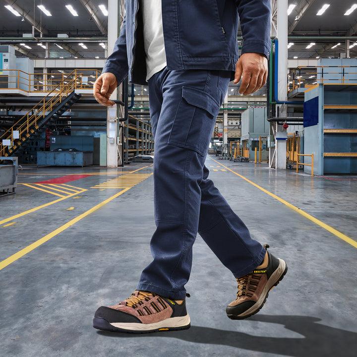 حذاء Shelter SH-300 الصناعي للسلامة للرجال، حذاء عمل متين بمقدمة فولاذية مع جزء علوي شبكي قابل للتهوية، ونعل مقاوم للانزلاق وممتص للصدمات 